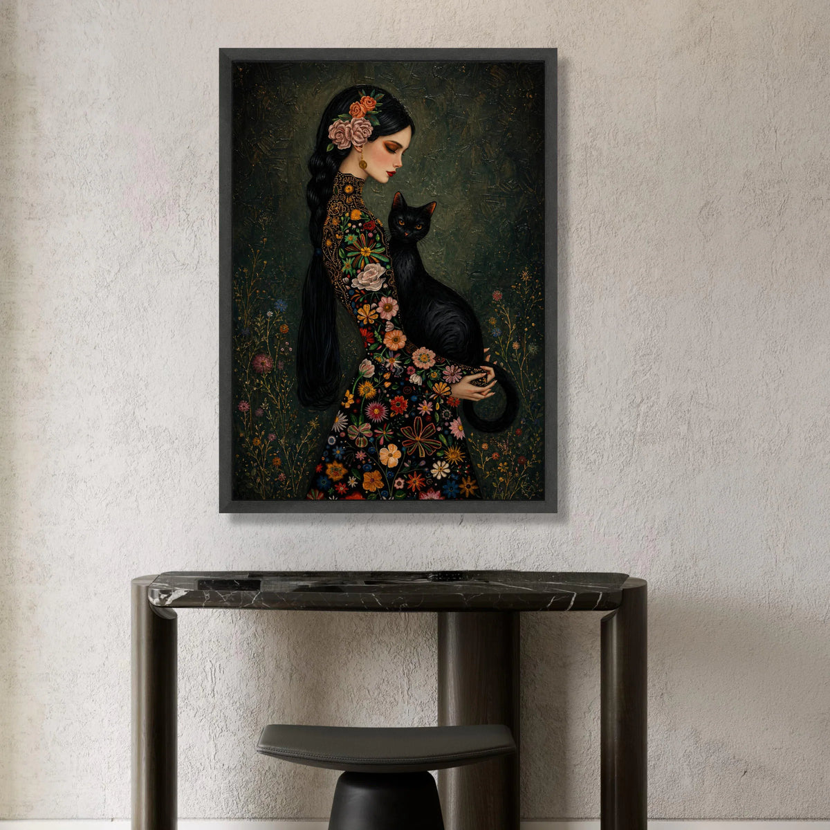 Elegant Woman with Black Cat, Floral Dress Canvas, Vintage Style Portrait, Garden Flower Wall Art, Decorative Home Canvas Canvas Print Art
