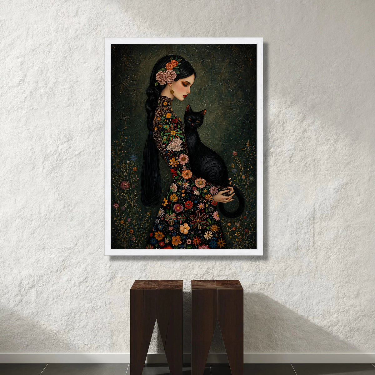 Elegant Woman with Black Cat, Floral Dress Canvas, Vintage Style Portrait, Garden Flower Wall Art, Decorative Home Canvas Canvas Print Art