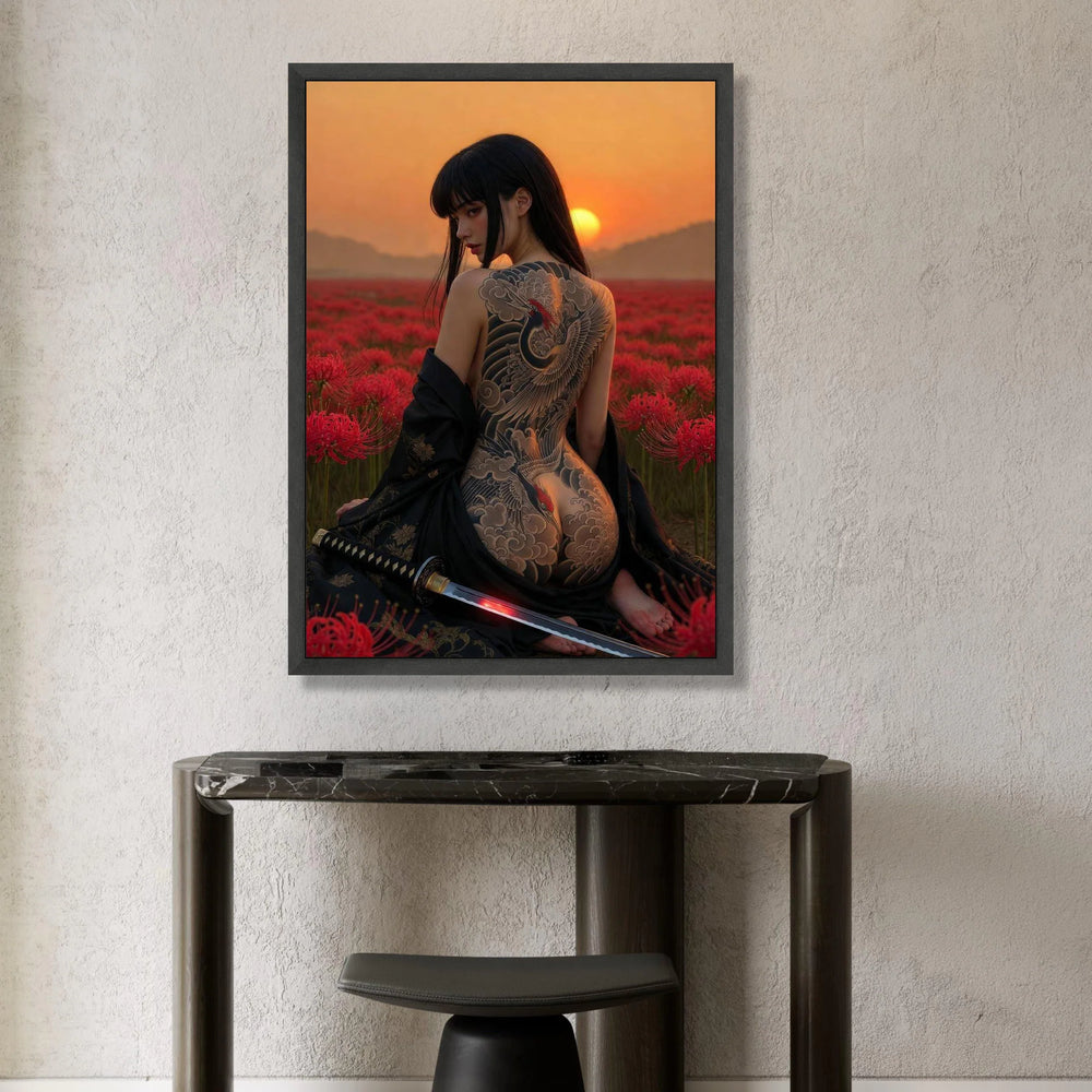 Elegant Woman with Crane Tattoo Canvas, Sunset Field Scene, Japanese Artistic Wall Art, Floral Nature Canvas, Samurai Sword Canvas Print Art