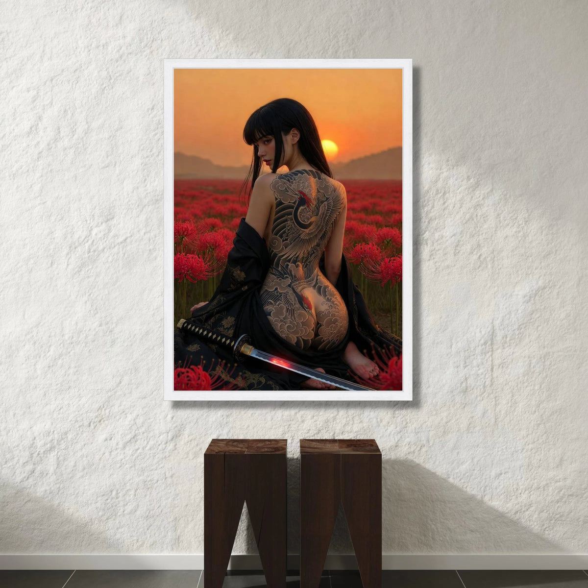 Elegant Woman with Crane Tattoo Canvas, Sunset Field Scene, Japanese Artistic Wall Art, Floral Nature Canvas, Samurai Sword Canvas Print Art