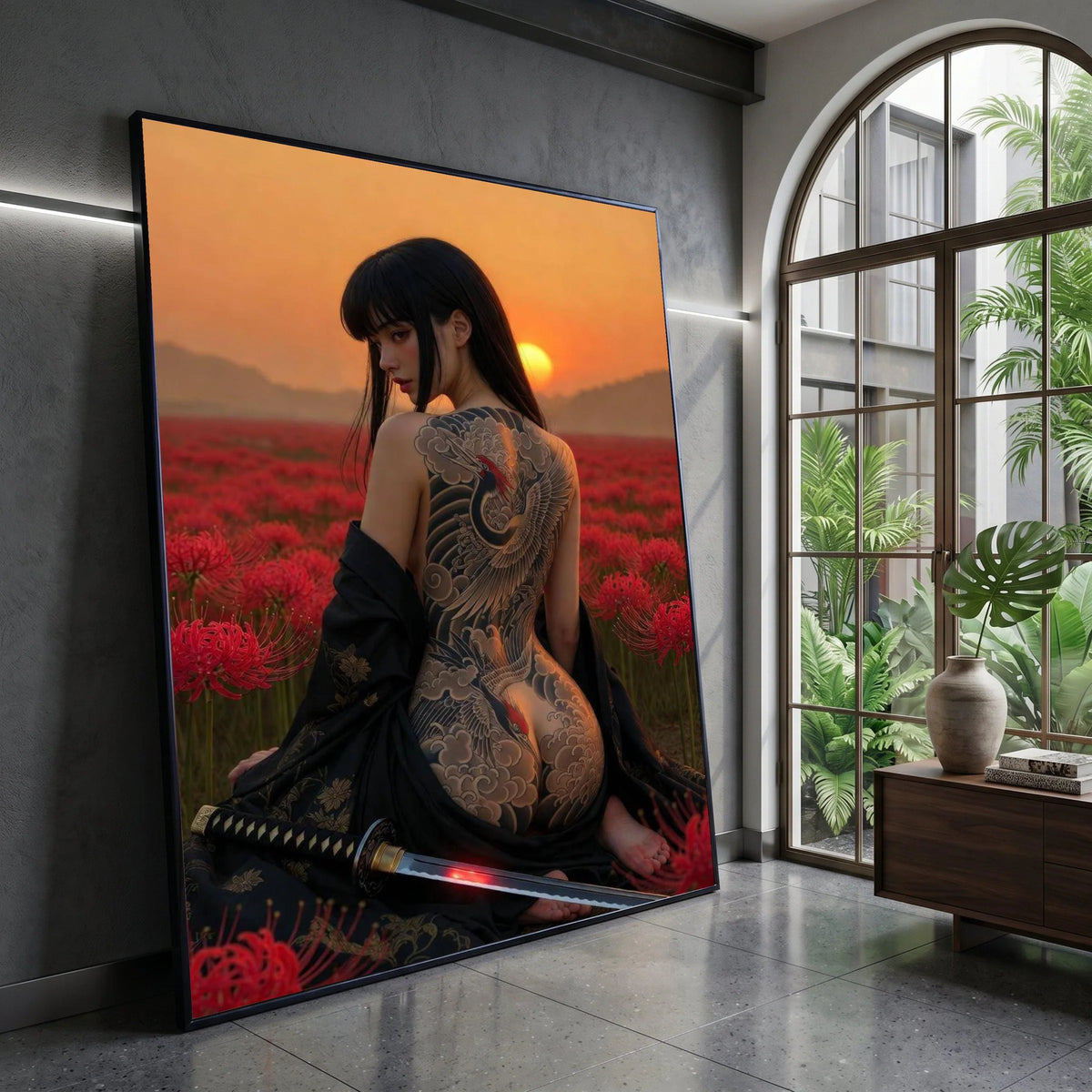 Elegant Woman with Crane Tattoo Canvas, Sunset Field Scene, Japanese Artistic Wall Art, Floral Nature Canvas, Samurai Sword Canvas Print Art