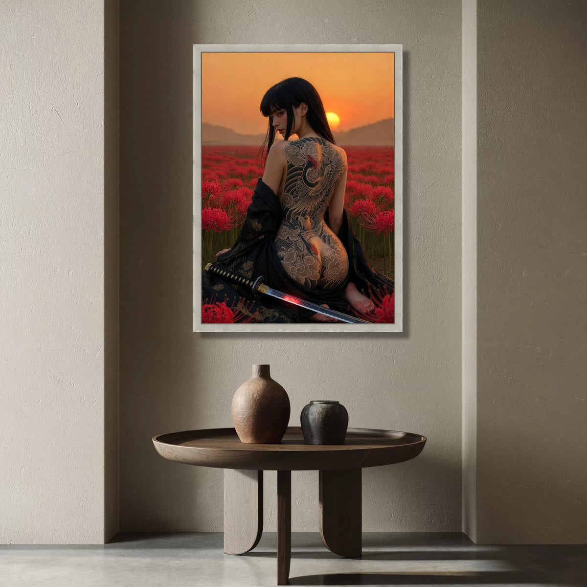 Elegant Woman with Crane Tattoo Canvas, Sunset Field Scene, Japanese Artistic Wall Art, Floral Nature Canvas, Samurai Sword Canvas Print Art