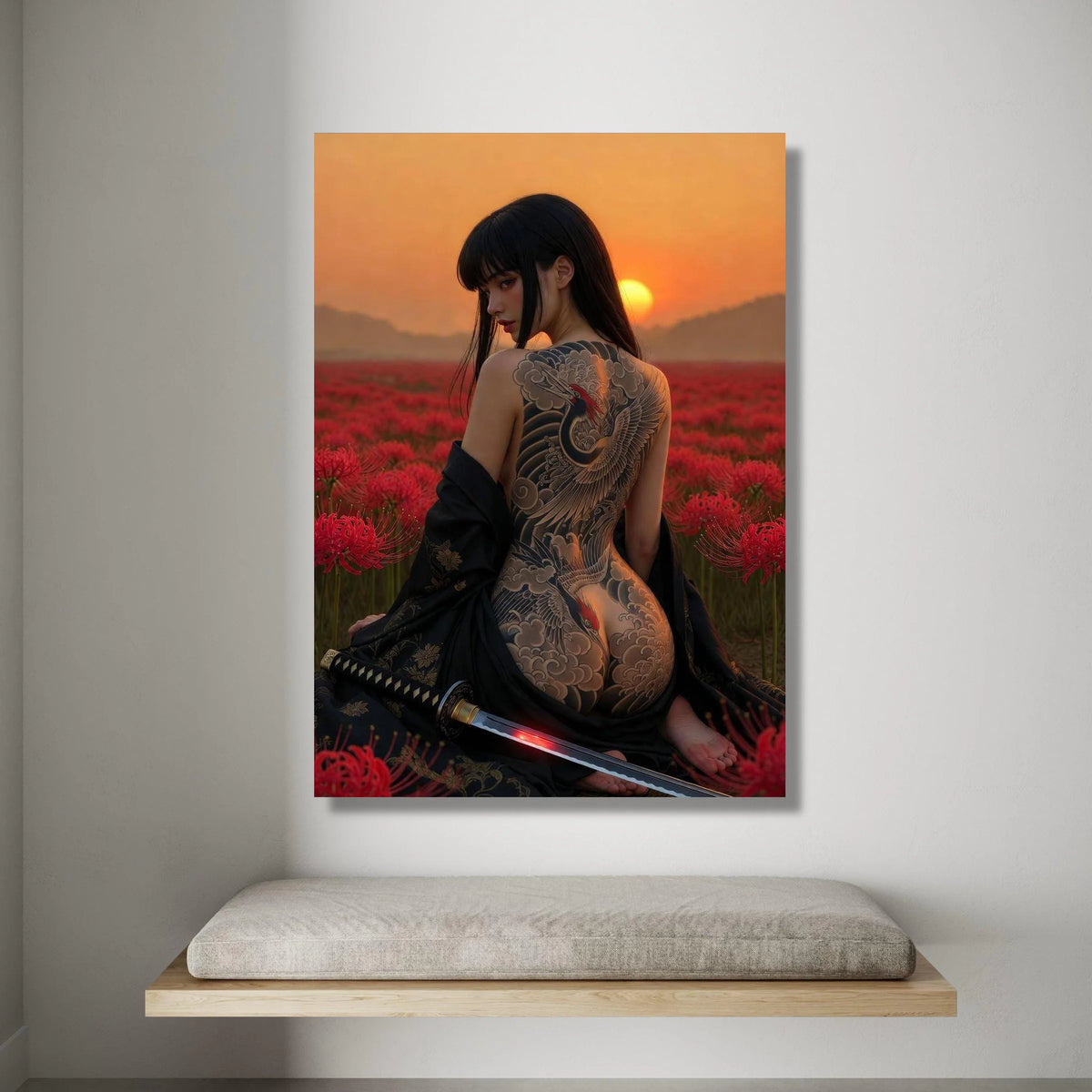Elegant Woman with Crane Tattoo Canvas, Sunset Field Scene, Japanese Artistic Wall Art, Floral Nature Canvas, Samurai Sword Canvas Print Art