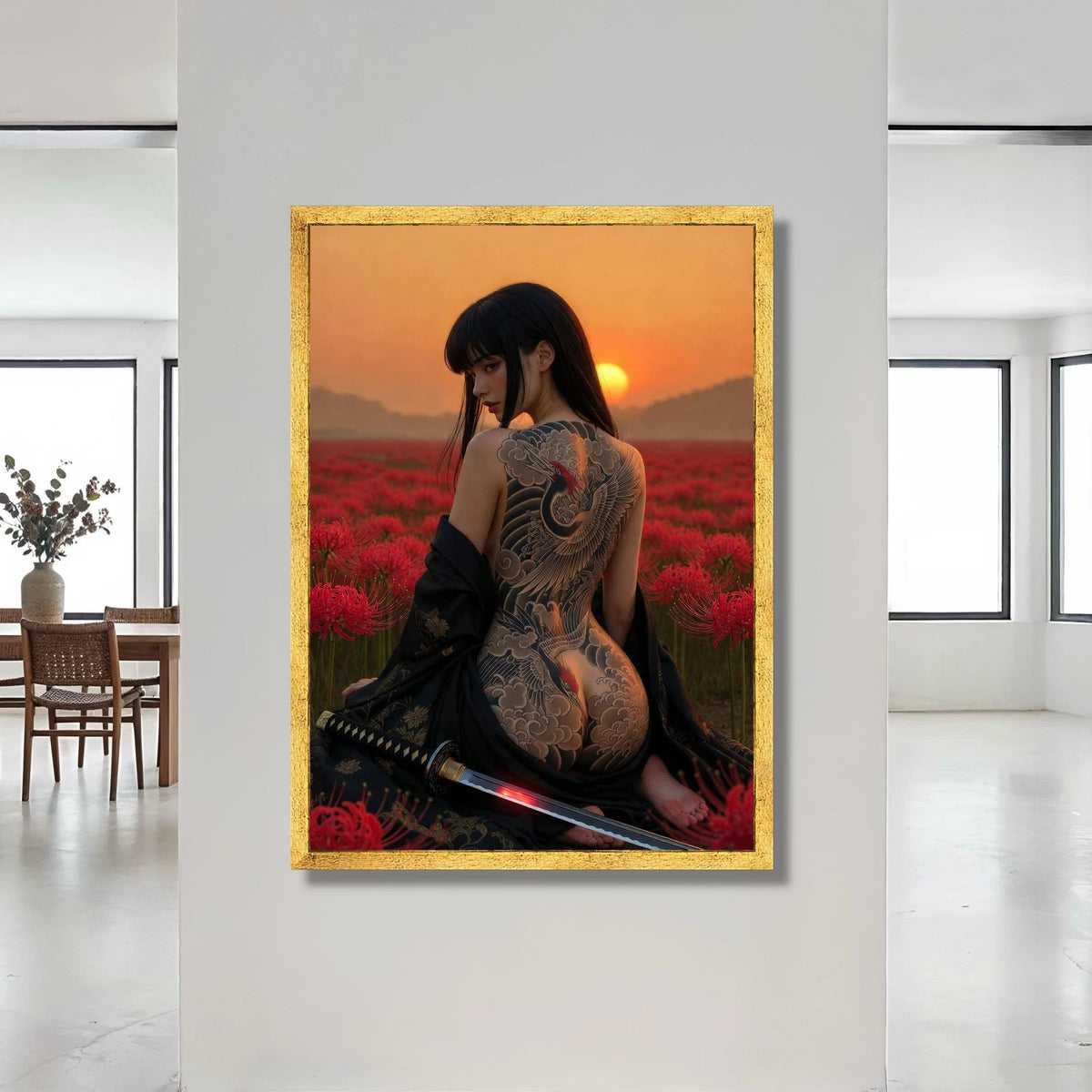 Elegant Woman with Crane Tattoo Canvas, Sunset Field Scene, Japanese Artistic Wall Art, Floral Nature Canvas, Samurai Sword Canvas Print Art