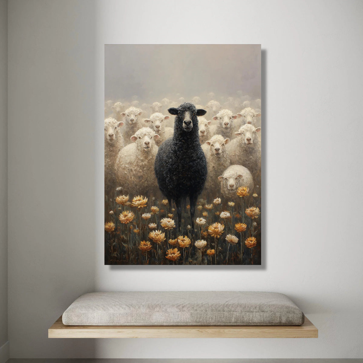 Unique Black Sheep Among White Flock Canvas, Rustic Farm Animal Wall Art, Nature Floral Meadow Decoration, Agricultural Canvas Print Art