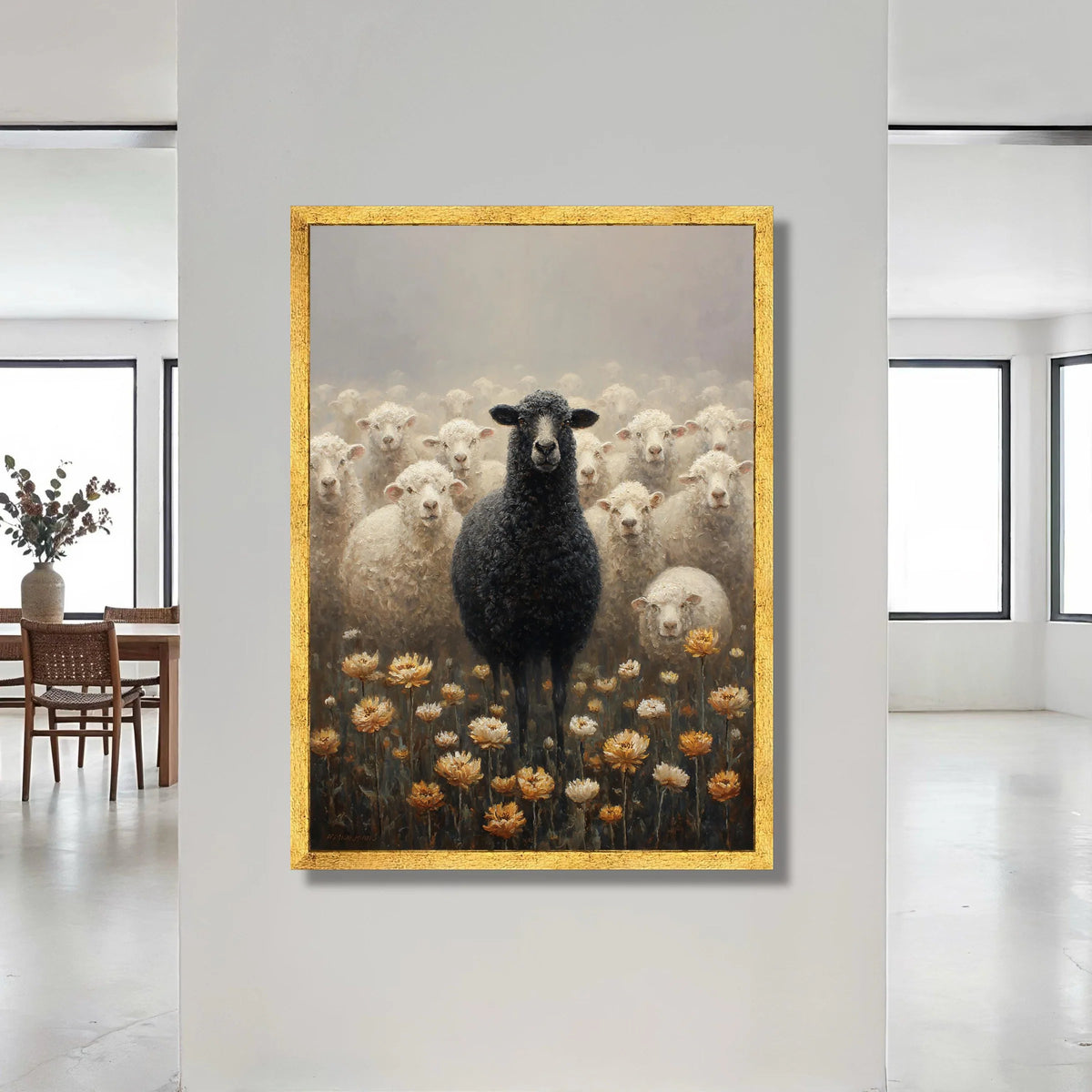 Unique Black Sheep Among White Flock Canvas, Rustic Farm Animal Wall Art, Nature Floral Meadow Decoration, Agricultural Canvas Print Art