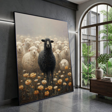 Unique Black Sheep Among White Flock Canvas, Rustic Farm Animal Wall Art, Nature Floral Meadow Decoration, Agricultural Canvas Print Art