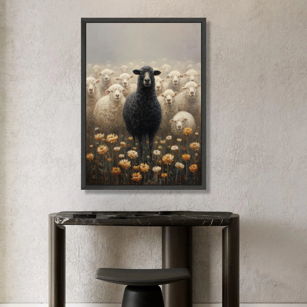 Unique Black Sheep Among White Flock Canvas, Rustic Farm Animal Wall Art, Nature Floral Meadow Decoration, Agricultural Canvas Print Art