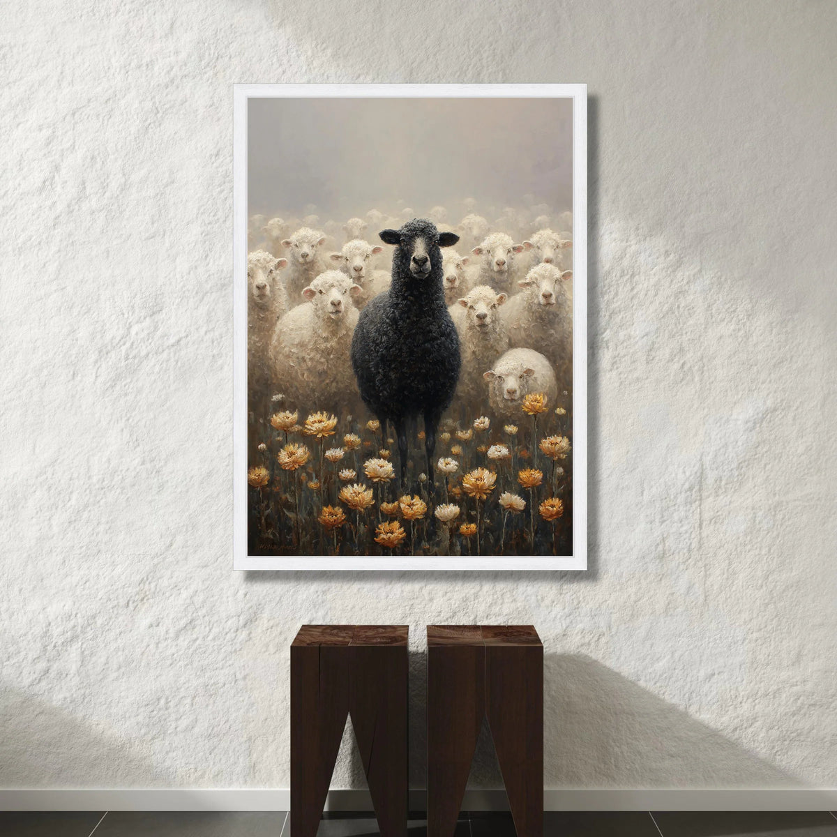 Unique Black Sheep Among White Flock Canvas, Rustic Farm Animal Wall Art, Nature Floral Meadow Decoration, Agricultural Canvas Print Art