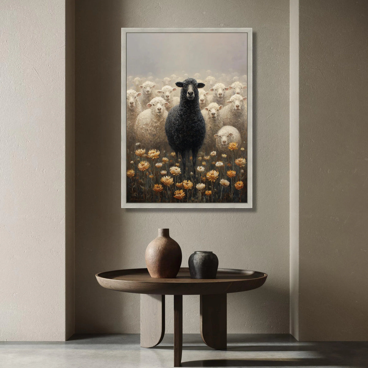 Unique Black Sheep Among White Flock Canvas, Rustic Farm Animal Wall Art, Nature Floral Meadow Decoration, Agricultural Canvas Print Art