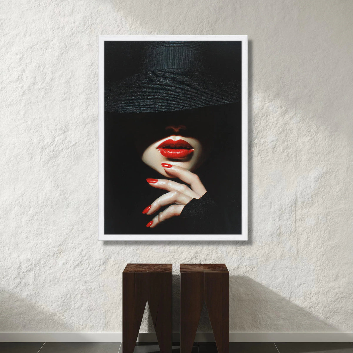 Mysterious Woman with Red Lips and Nails, Fashion Portrait Canvas, Dark Glamour Wall Art, Elegant Face Close-up Canvas, Canvas Print Art
