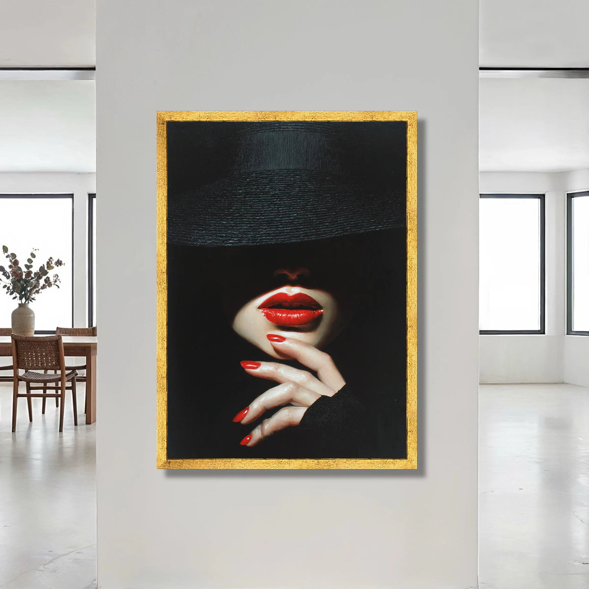 Mysterious Woman with Red Lips and Nails, Fashion Portrait Canvas, Dark Glamour Wall Art, Elegant Face Close-up Canvas, Canvas Print Art
