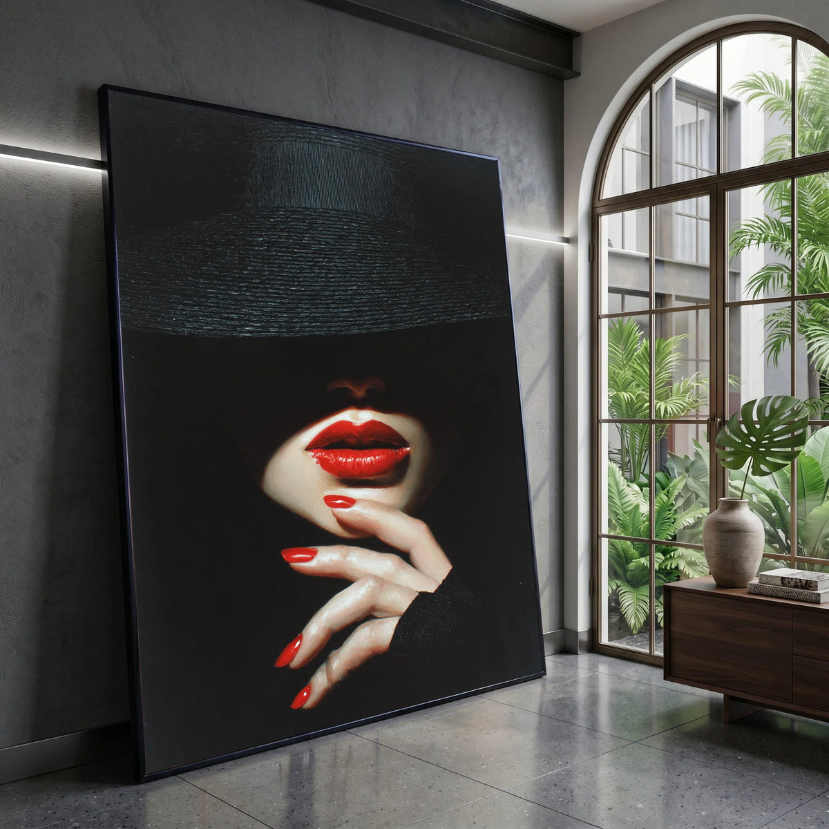 Mysterious Woman with Red Lips and Nails, Fashion Portrait Canvas, Dark Glamour Wall Art, Elegant Face Close-up Canvas, Canvas Print Art