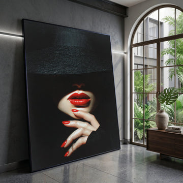 Mysterious Woman with Red Lips and Nails, Fashion Portrait Canvas, Dark Glamour Wall Art, Elegant Face Close-up Canvas, Canvas Print Art