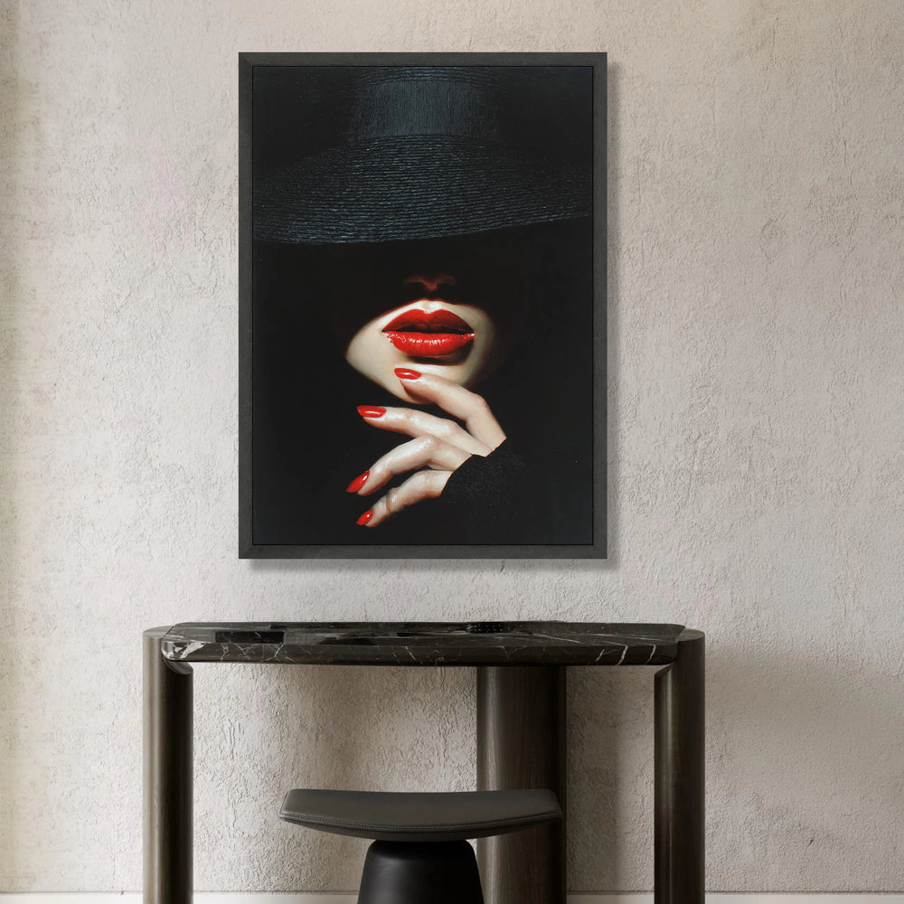Mysterious Woman with Red Lips and Nails, Fashion Portrait Canvas, Dark Glamour Wall Art, Elegant Face Close-up Canvas, Canvas Print Art