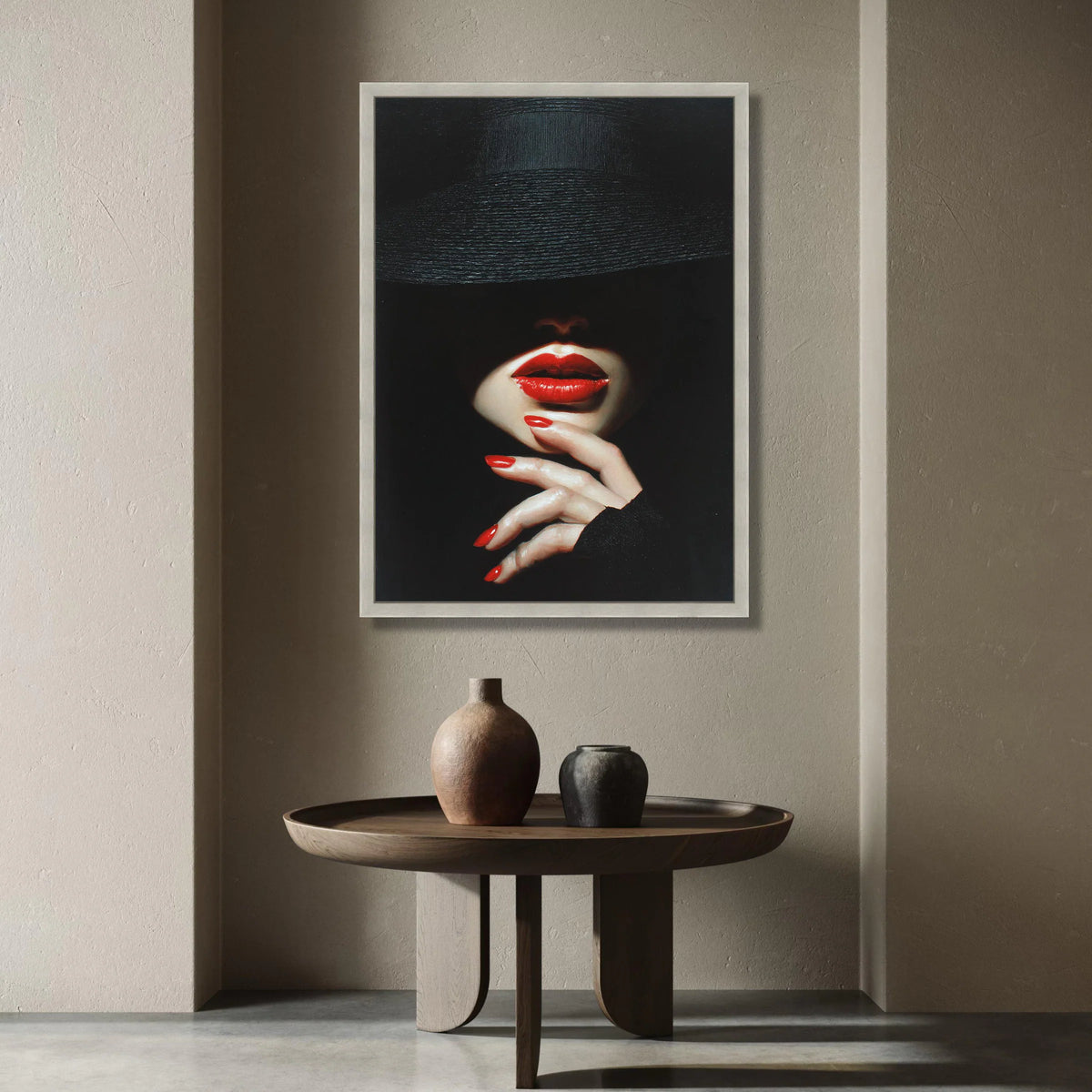 Mysterious Woman with Red Lips and Nails, Fashion Portrait Canvas, Dark Glamour Wall Art, Elegant Face Close-up Canvas, Canvas Print Art