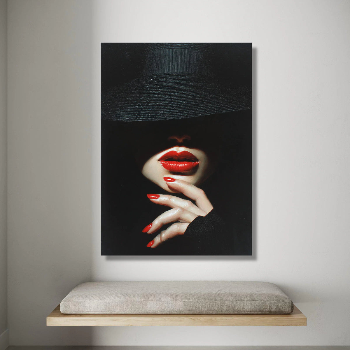 Mysterious Woman with Red Lips and Nails, Fashion Portrait Canvas, Dark Glamour Wall Art, Elegant Face Close-up Canvas, Canvas Print Art