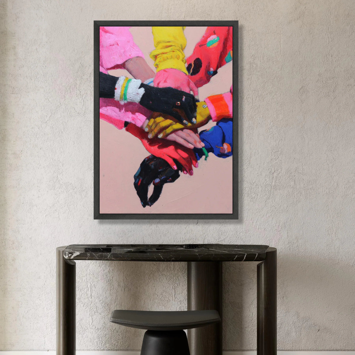 United Hands Canvas Wall Art, Colorful Hands Stacked, Multicultural Unity Artwork, Teamwork and Support Decor, Vibrant Wall Canvas Print Art