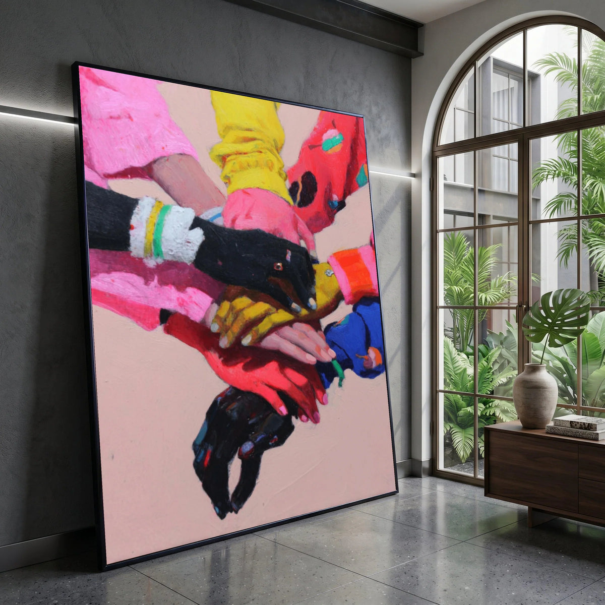 United Hands Canvas Wall Art, Colorful Hands Stacked, Multicultural Unity Artwork, Teamwork and Support Decor, Vibrant Wall Canvas Print Art