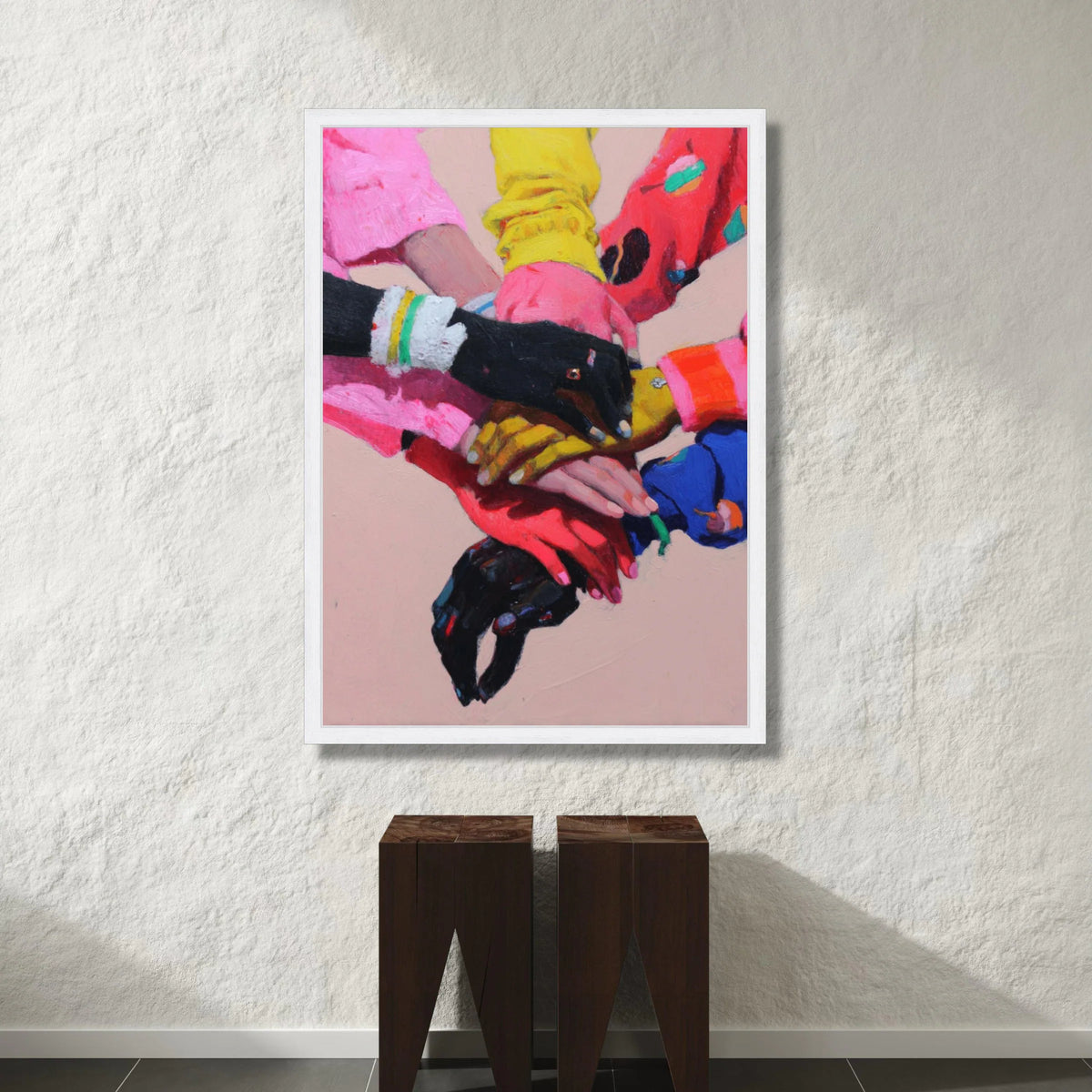 United Hands Canvas Wall Art, Colorful Hands Stacked, Multicultural Unity Artwork, Teamwork and Support Decor, Vibrant Wall Canvas Print Art