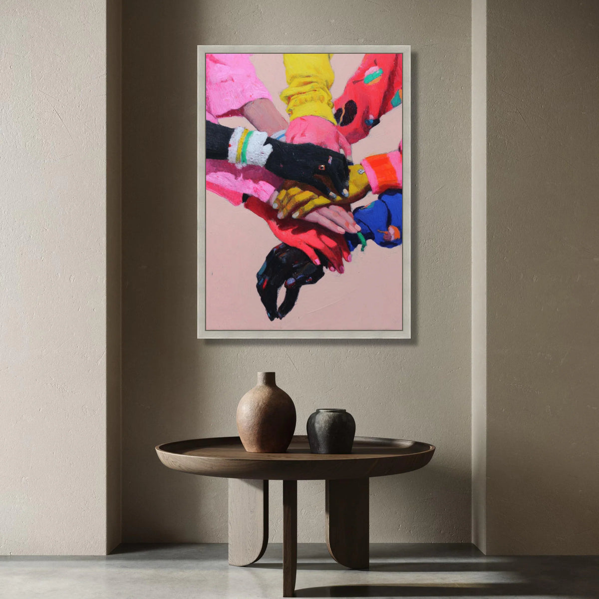 United Hands Canvas Wall Art, Colorful Hands Stacked, Multicultural Unity Artwork, Teamwork and Support Decor, Vibrant Wall Canvas Print Art