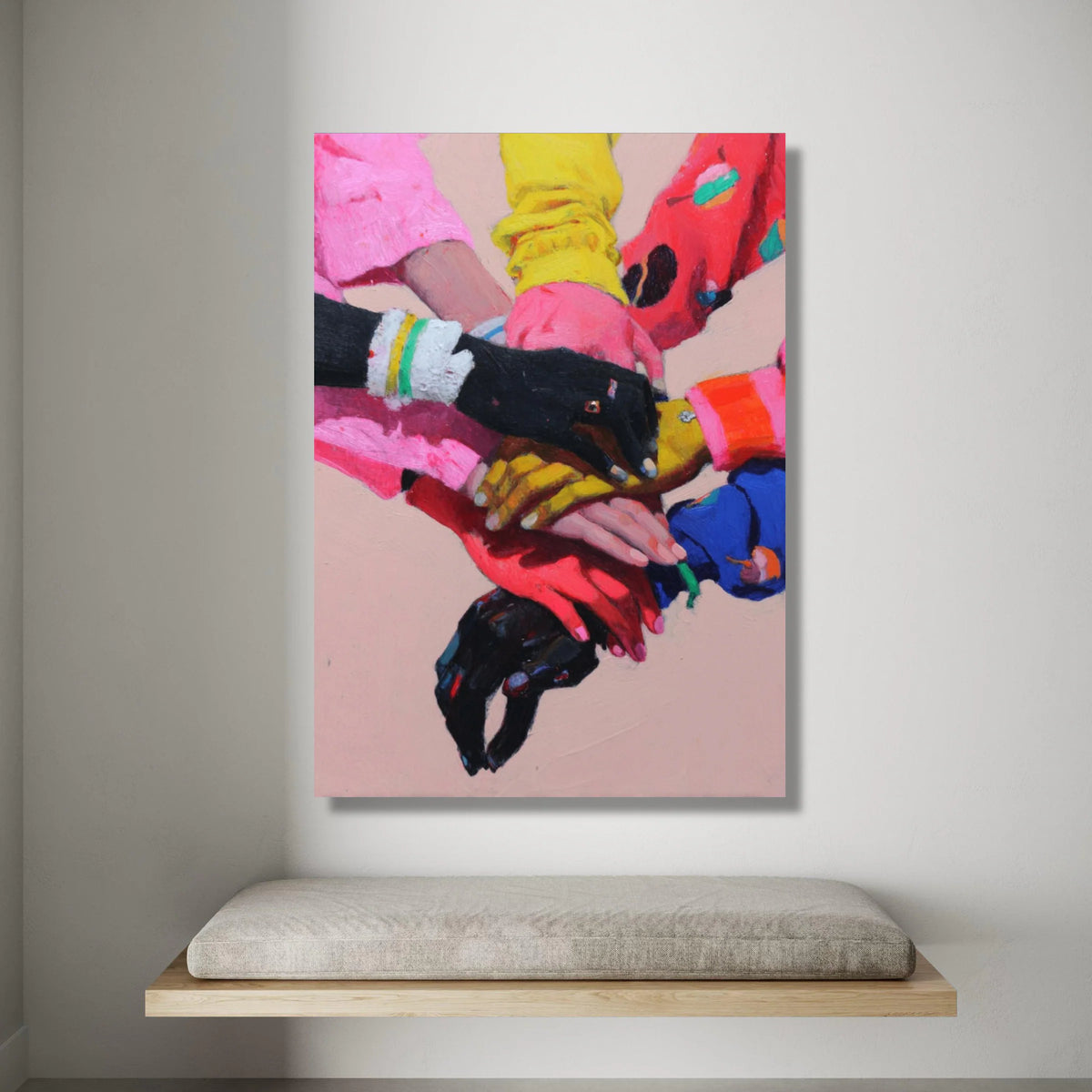United Hands Canvas Wall Art, Colorful Hands Stacked, Multicultural Unity Artwork, Teamwork and Support Decor, Vibrant Wall Canvas Print Art