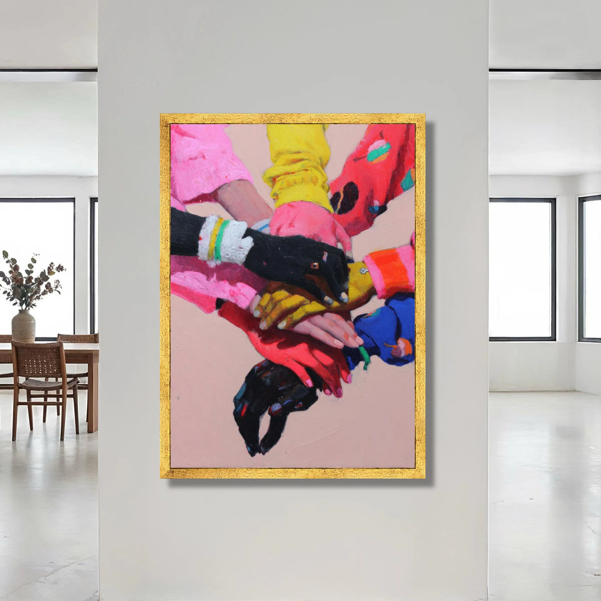 United Hands Canvas Wall Art, Colorful Hands Stacked, Multicultural Unity Artwork, Teamwork and Support Decor, Vibrant Wall Canvas Print Art