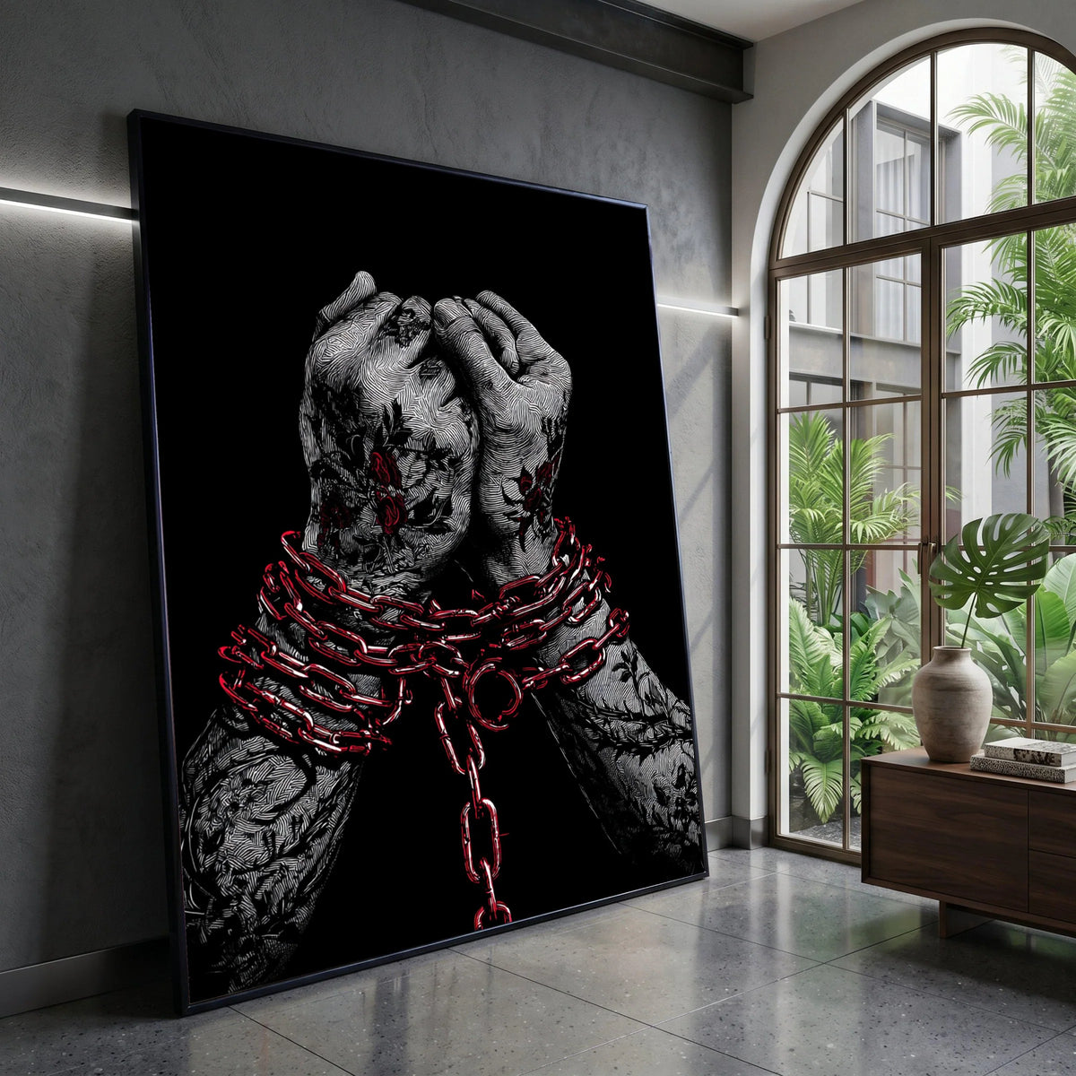 Bound Hands with Red Chains Canvas, Tattooed Arms Wall Art, Symbolic Modern Canvas, Dark Artistic Home Decor, Ready to Hang Canvas Print Art