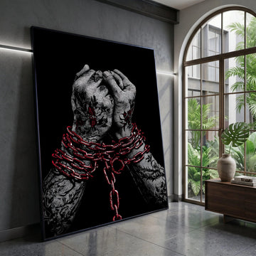 Bound Hands with Red Chains Canvas, Tattooed Arms Wall Art, Symbolic Modern Canvas, Dark Artistic Home Decor, Ready to Hang Canvas Print Art