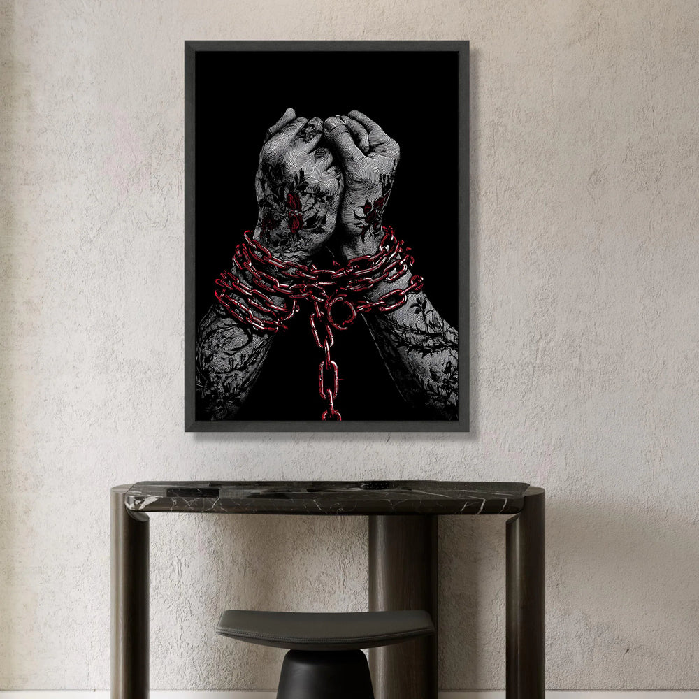 Bound Hands with Red Chains Canvas, Tattooed Arms Wall Art, Symbolic Modern Canvas, Dark Artistic Home Decor, Ready to Hang Canvas Print Art