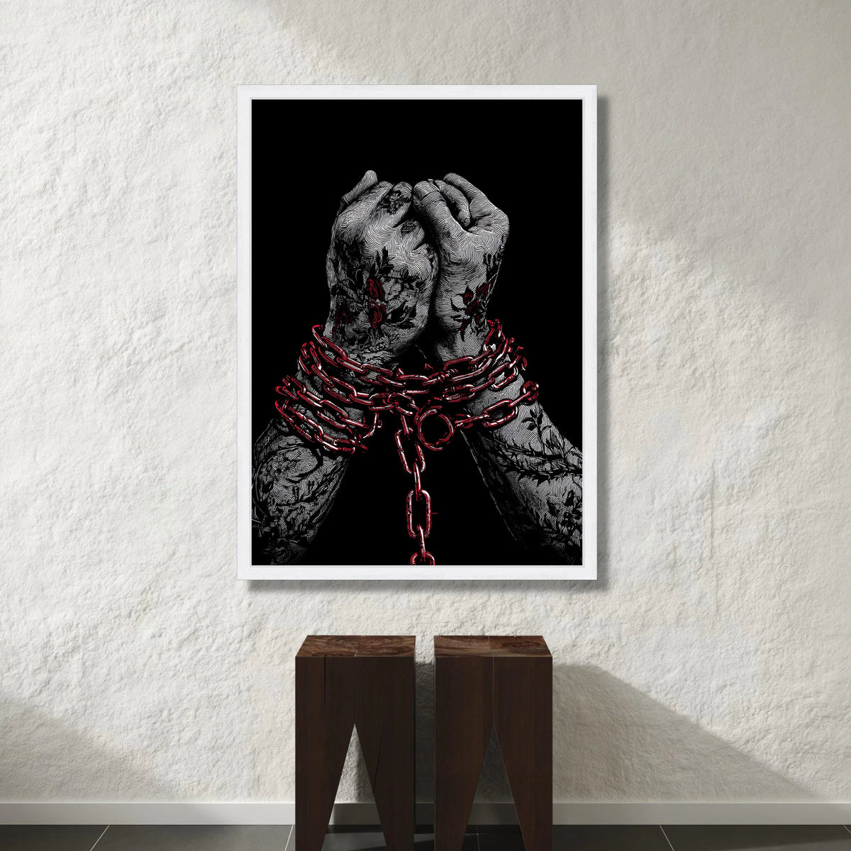 Bound Hands with Red Chains Canvas, Tattooed Arms Wall Art, Symbolic Modern Canvas, Dark Artistic Home Decor, Ready to Hang Canvas Print Art