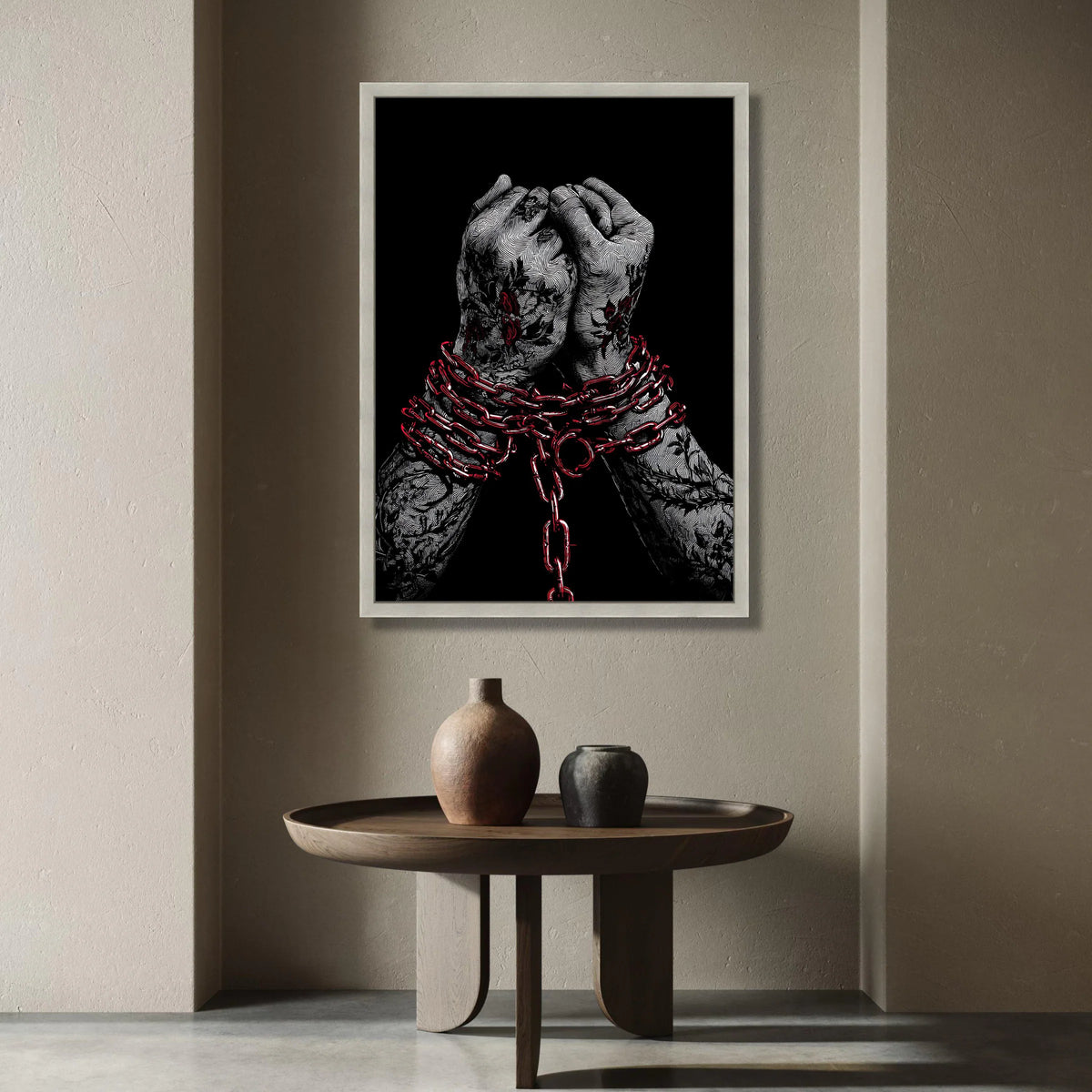 Bound Hands with Red Chains Canvas, Tattooed Arms Wall Art, Symbolic Modern Canvas, Dark Artistic Home Decor, Ready to Hang Canvas Print Art