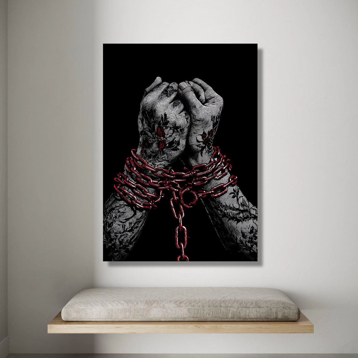 Bound Hands with Red Chains Canvas, Tattooed Arms Wall Art, Symbolic Modern Canvas, Dark Artistic Home Decor, Ready to Hang Canvas Print Art