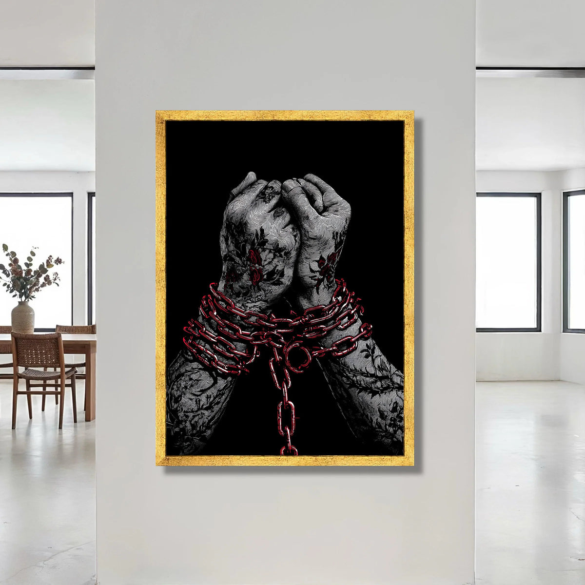 Bound Hands with Red Chains Canvas, Tattooed Arms Wall Art, Symbolic Modern Canvas, Dark Artistic Home Decor, Ready to Hang Canvas Print Art