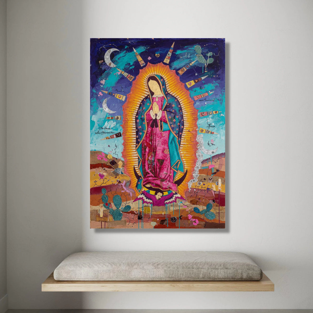 Vibrant Guadalupe Canvas Wall Art, Praying Virgin Mary, Religious Home Decor, Mexican Folk Art, Spiritual Canvas Painting Canvas Print Art