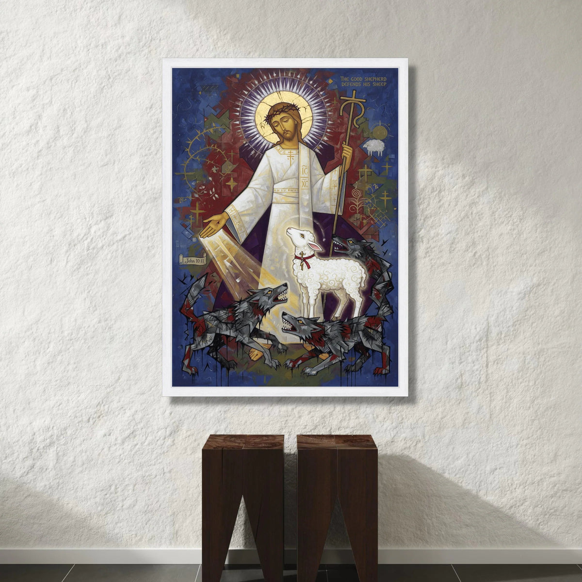 The Good Shepherd Canvas Wall Art, Religious Christian Icon, Jesus with Lamb and Wolves, Spiritual Faith Home Decor, Canvas Print Art