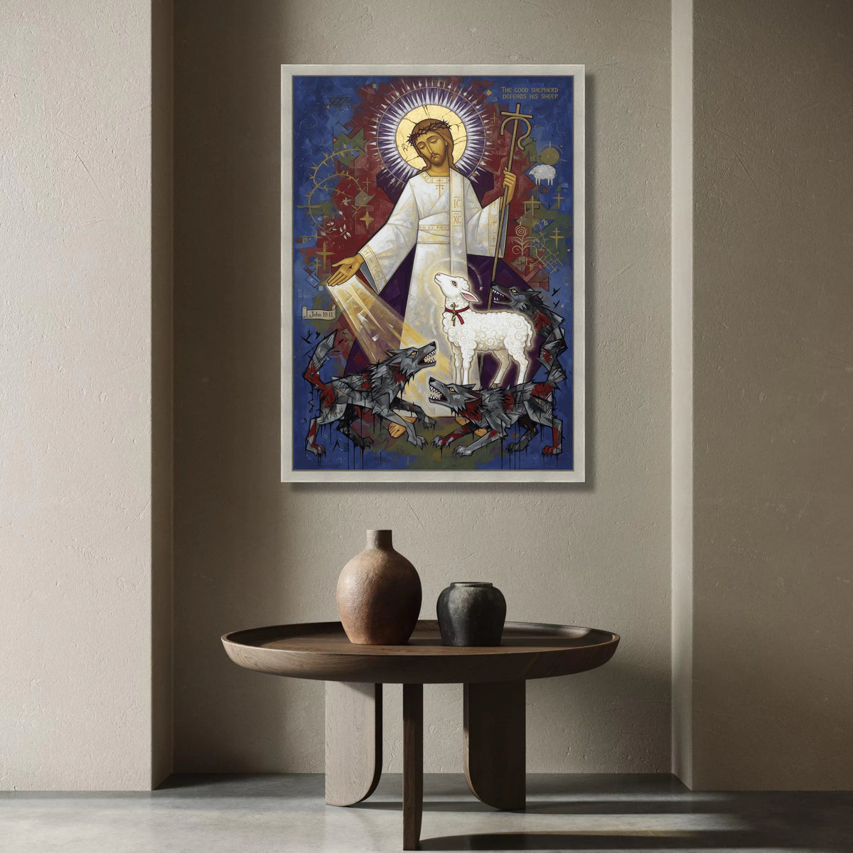 The Good Shepherd Canvas Wall Art, Religious Christian Icon, Jesus with Lamb and Wolves, Spiritual Faith Home Decor, Canvas Print Art