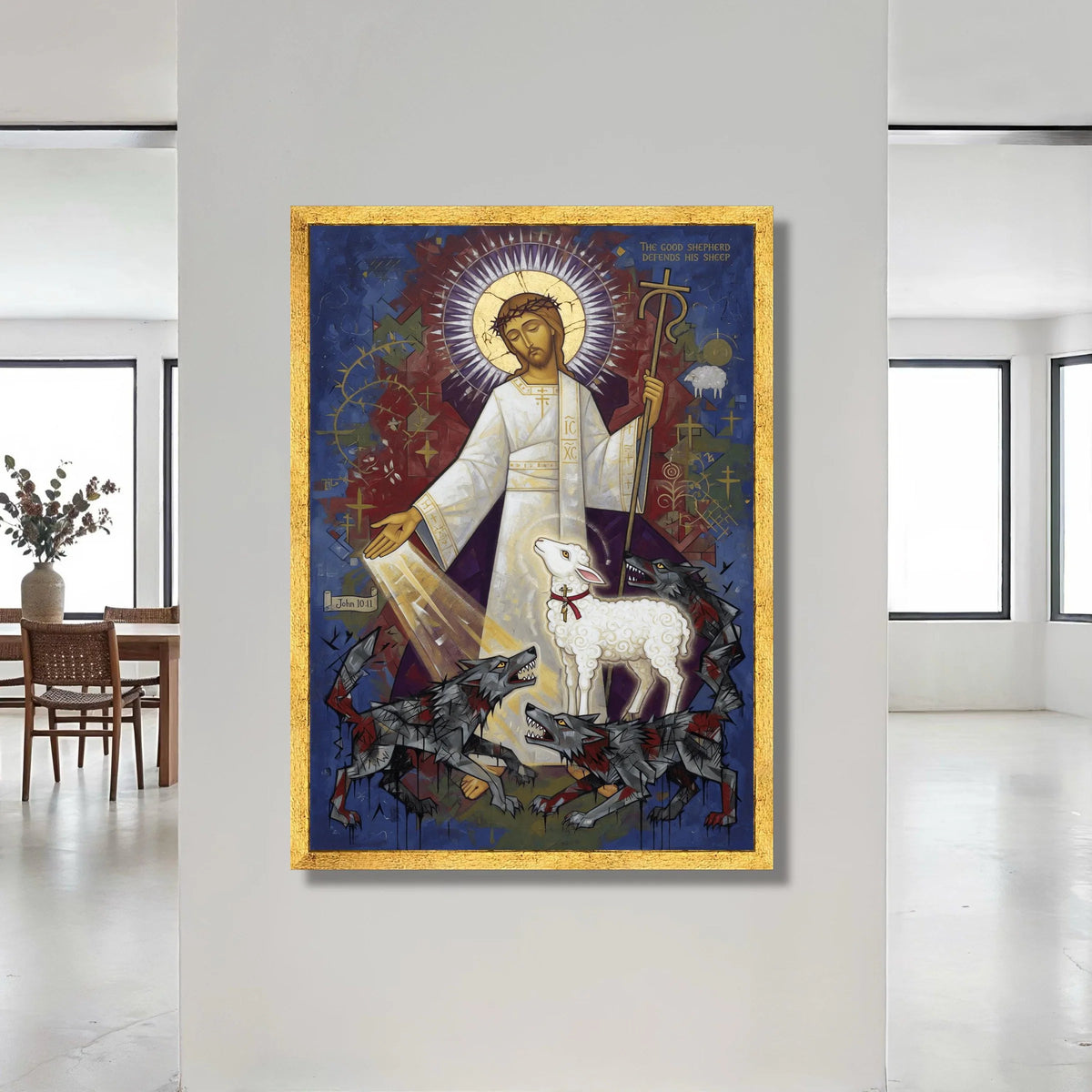 The Good Shepherd Canvas Wall Art, Religious Christian Icon, Jesus with Lamb and Wolves, Spiritual Faith Home Decor, Canvas Print Art