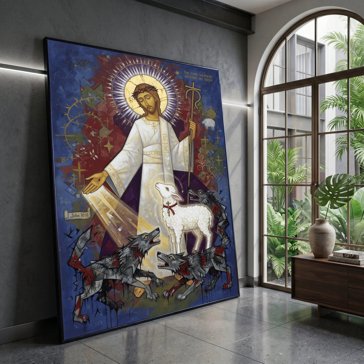 The Good Shepherd Canvas Wall Art, Religious Christian Icon, Jesus with Lamb and Wolves, Spiritual Faith Home Decor, Canvas Print Art
