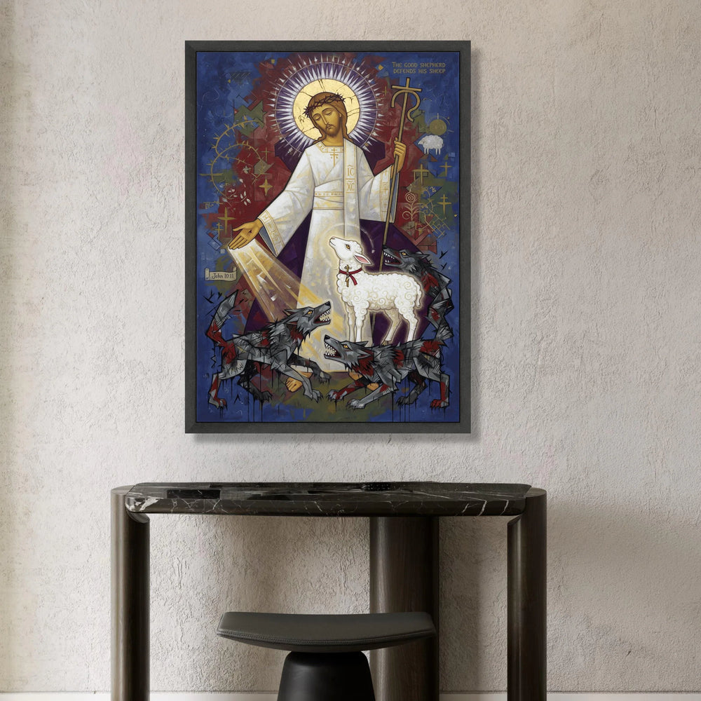 The Good Shepherd Canvas Wall Art, Religious Christian Icon, Jesus with Lamb and Wolves, Spiritual Faith Home Decor, Canvas Print Art
