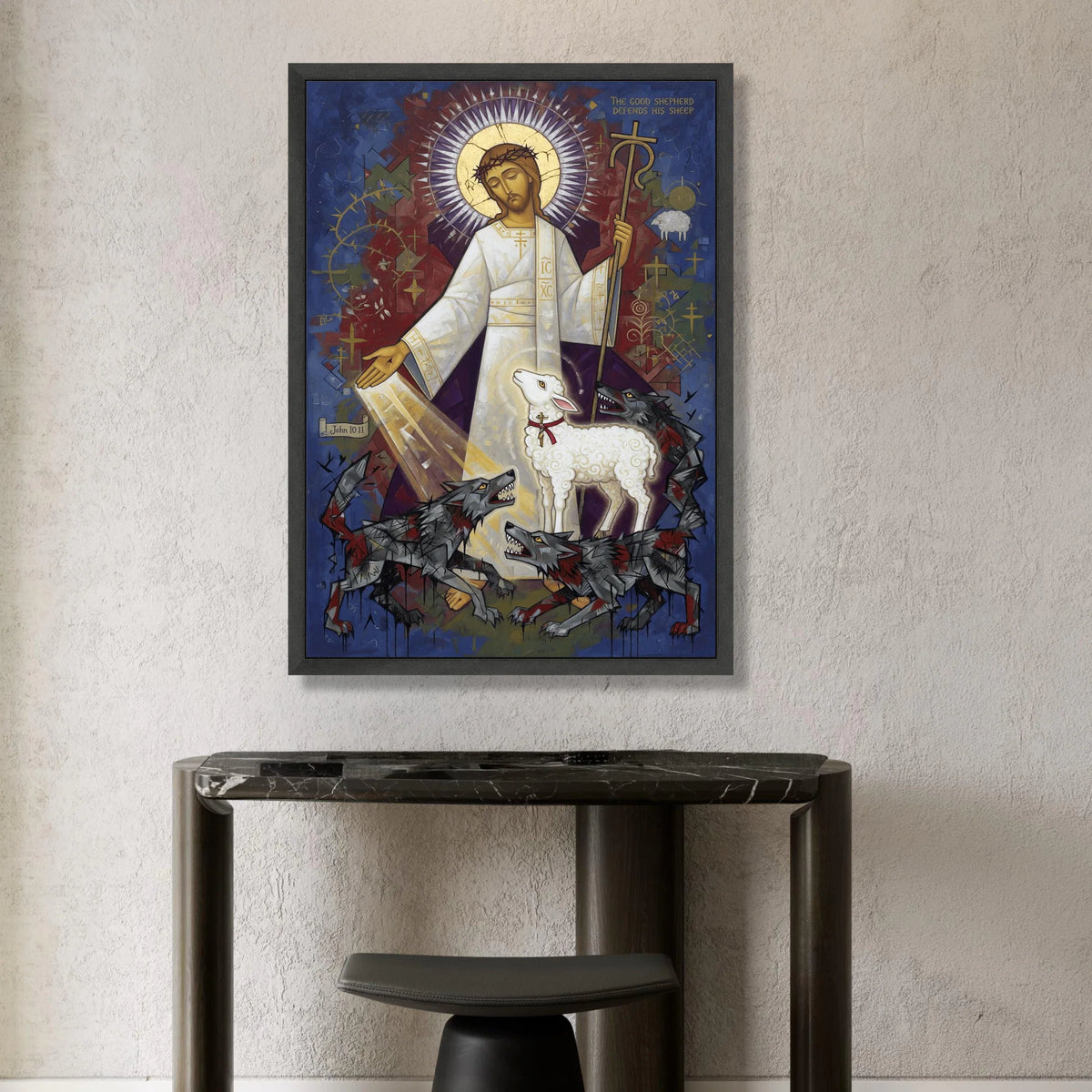 The Good Shepherd Canvas Wall Art, Religious Christian Icon, Jesus with Lamb and Wolves, Spiritual Faith Home Decor, Canvas Print Art