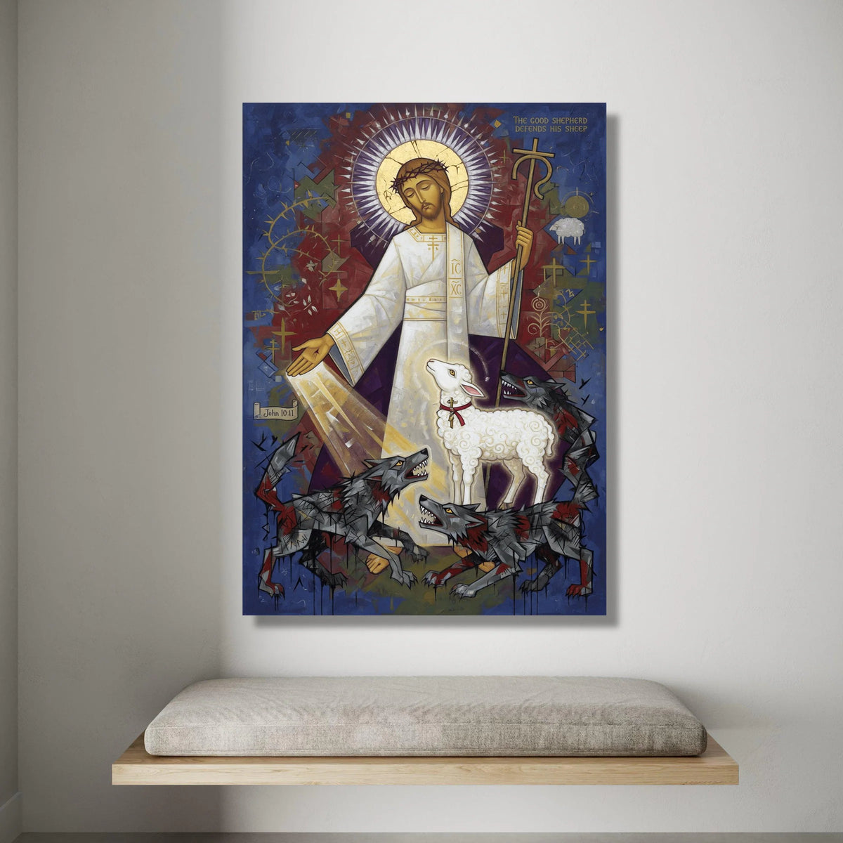 The Good Shepherd Canvas Wall Art, Religious Christian Icon, Jesus with Lamb and Wolves, Spiritual Faith Home Decor, Canvas Print Art
