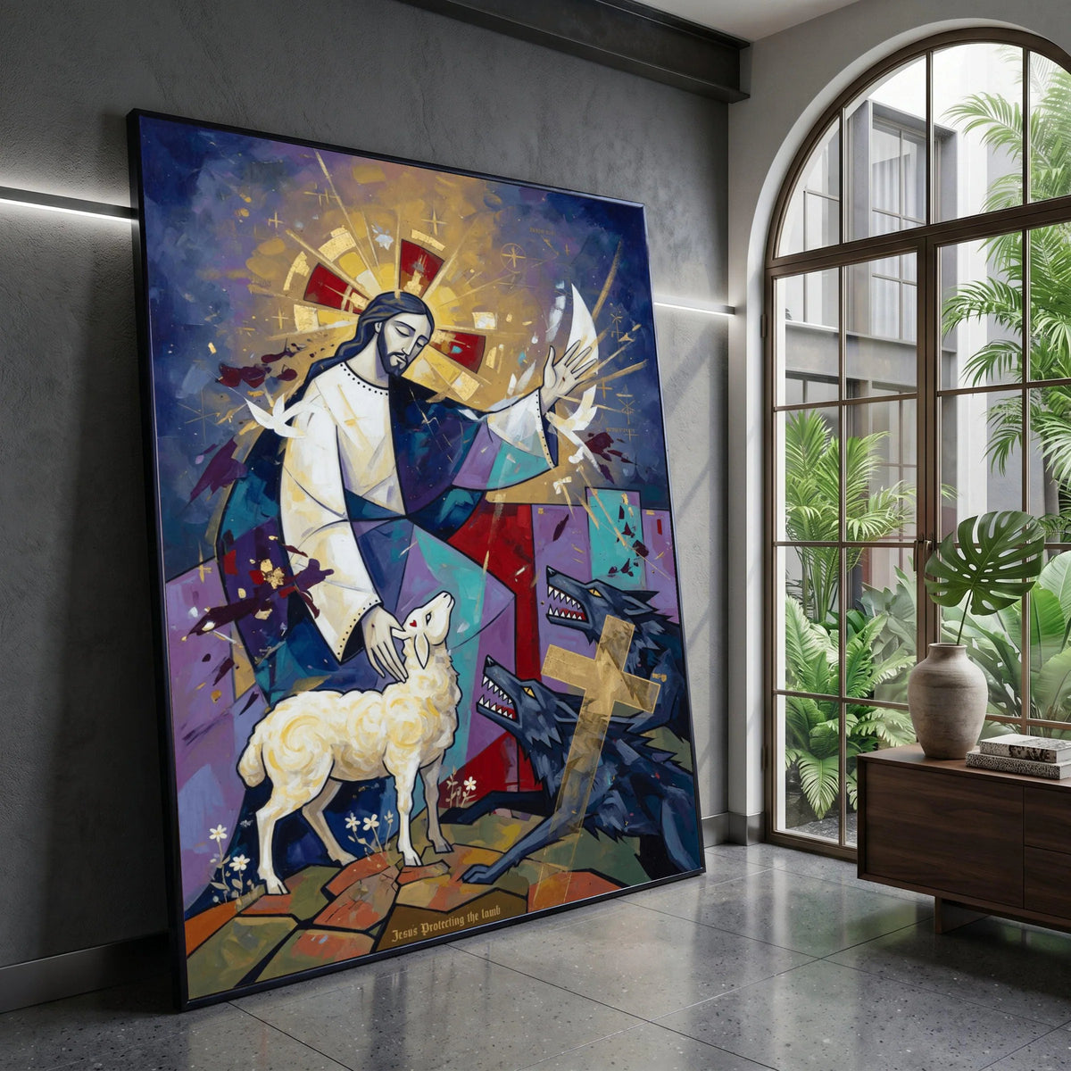 Jesus Protecting the Lamb, Spiritual Canvas Wall Art, Christian Religious Painting, Sacred Lamb and Wolves Scene, Canvas Print Art