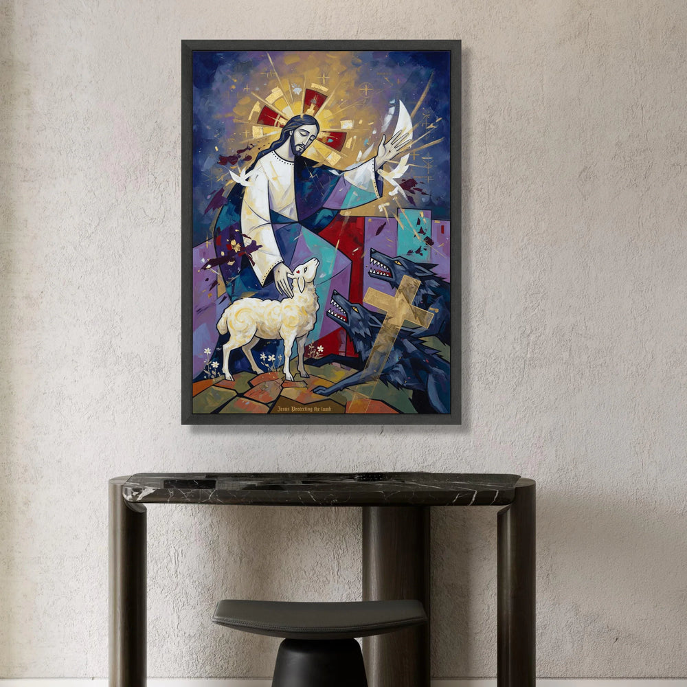 Jesus Protecting the Lamb, Spiritual Canvas Wall Art, Christian Religious Painting, Sacred Lamb and Wolves Scene, Canvas Print Art