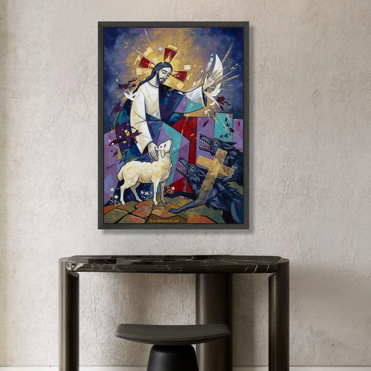 Jesus Protecting the Lamb, Spiritual Canvas Wall Art, Christian Religious Painting, Sacred Lamb and Wolves Scene, Canvas Print Art