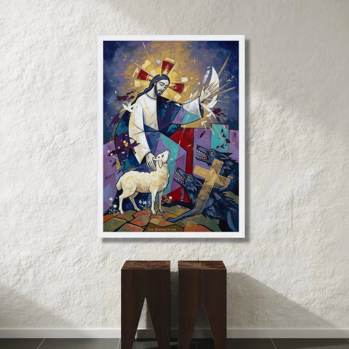 Jesus Protecting the Lamb, Spiritual Canvas Wall Art, Christian Religious Painting, Sacred Lamb and Wolves Scene, Canvas Print Art