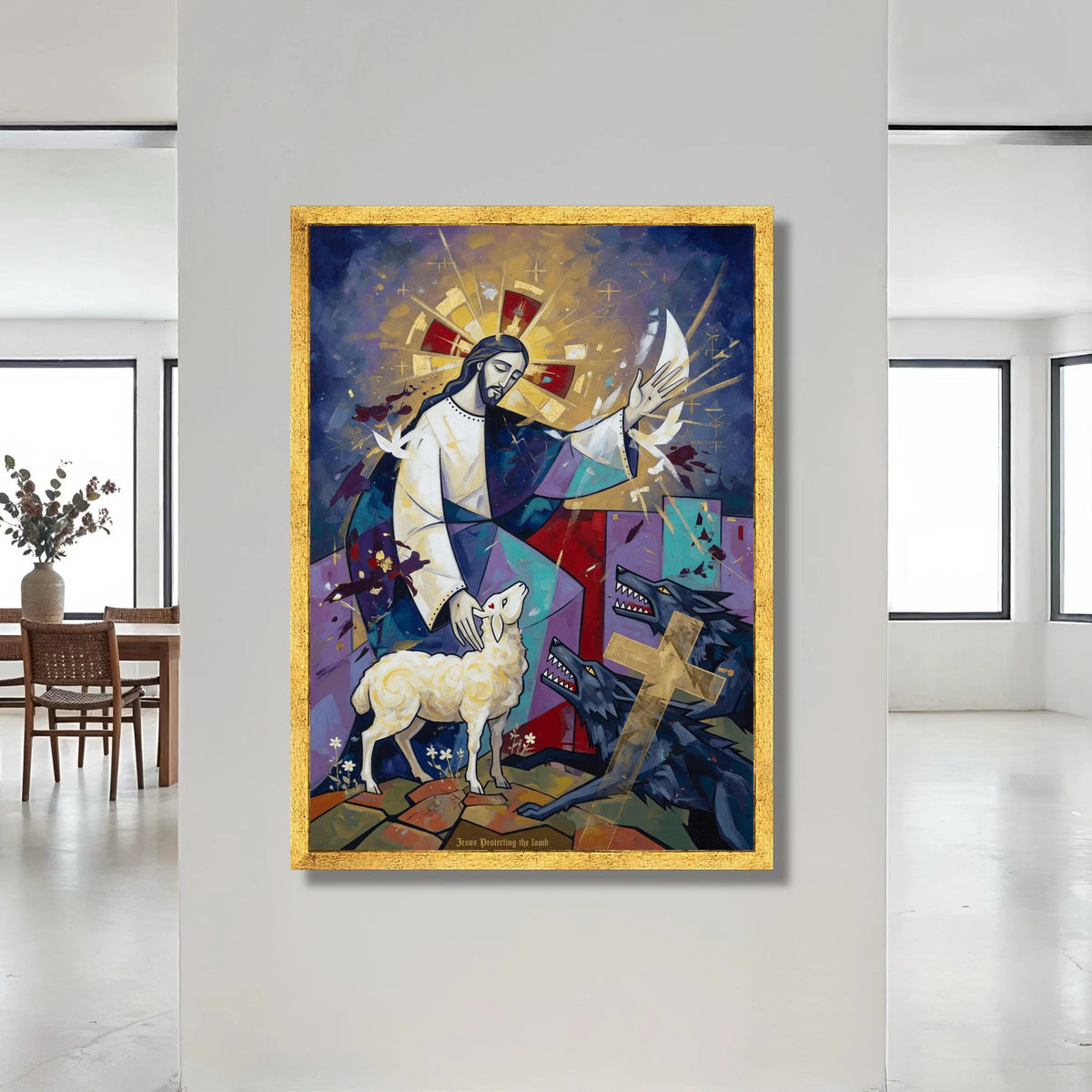 Jesus Protecting the Lamb, Spiritual Canvas Wall Art, Christian Religious Painting, Sacred Lamb and Wolves Scene, Canvas Print Art