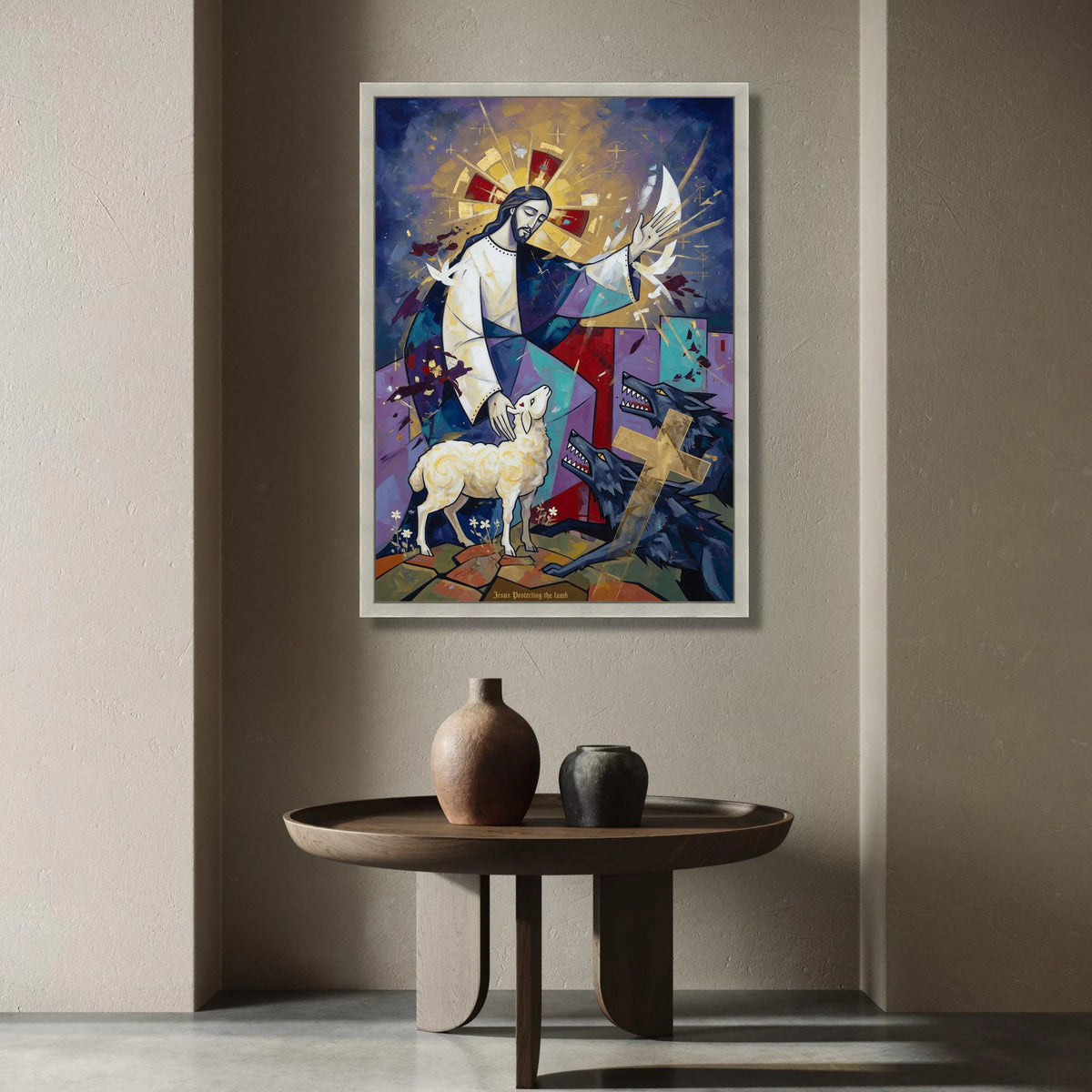 Jesus Protecting the Lamb, Spiritual Canvas Wall Art, Christian Religious Painting, Sacred Lamb and Wolves Scene, Canvas Print Art