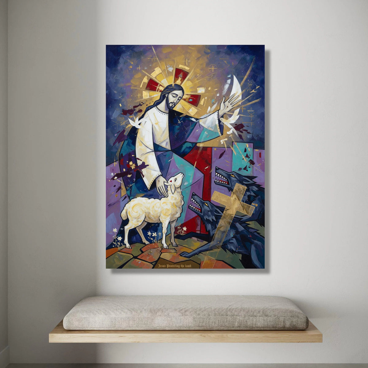 Jesus Protecting the Lamb, Spiritual Canvas Wall Art, Christian Religious Painting, Sacred Lamb and Wolves Scene, Canvas Print Art