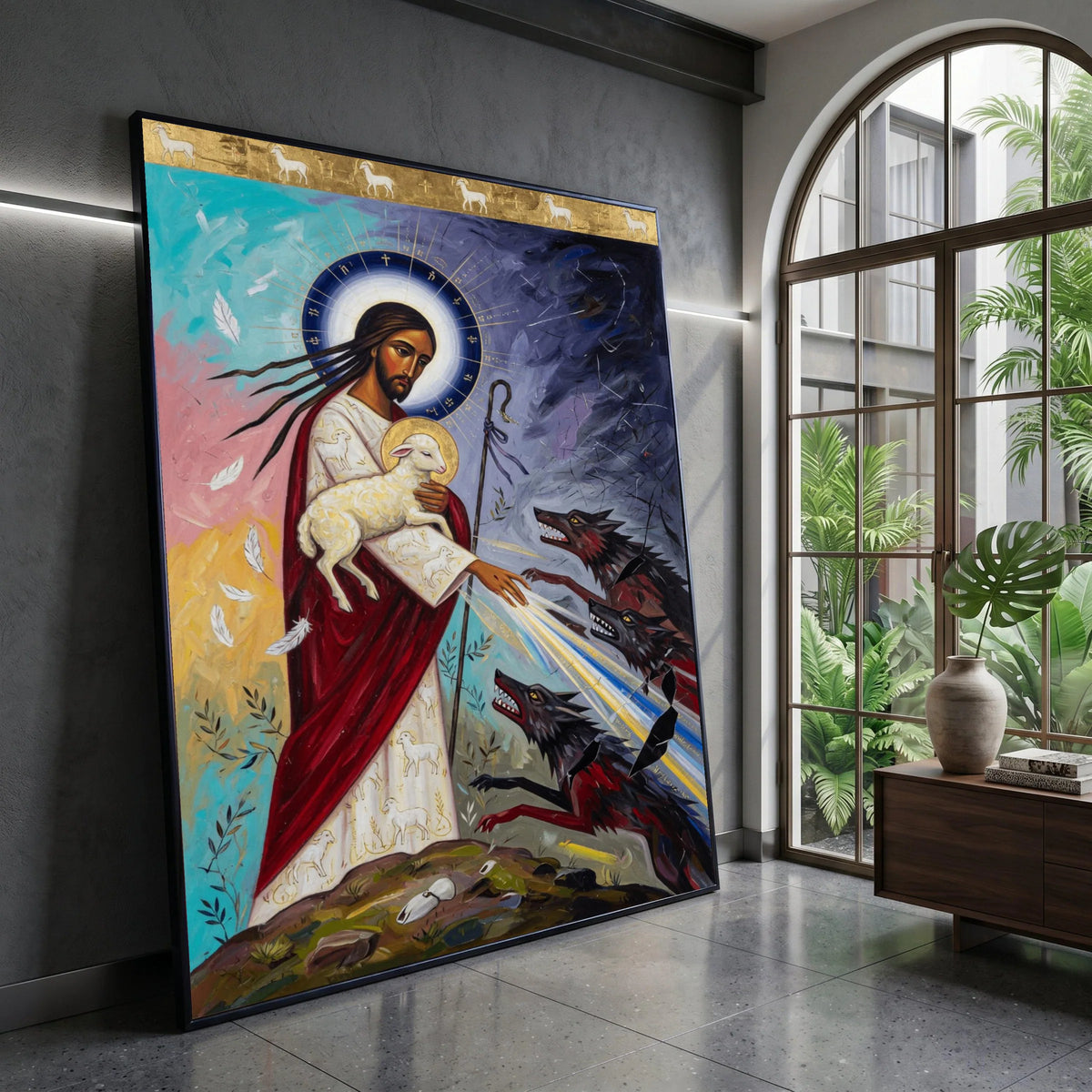 The Good Shepherd Protecting Lamb Canvas, Spiritual Religious Wall Art, Christian Faith Painting, Divine Light and Wolves Canvas Print Art